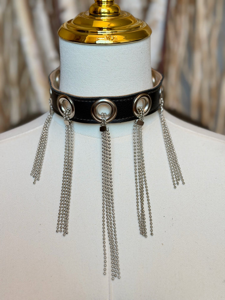Grommet Leather & Chain Fringe Choker Necklace