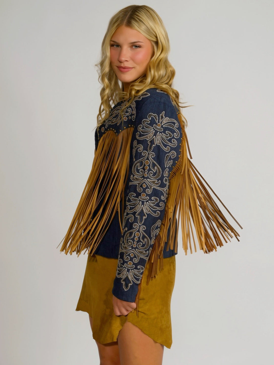 Western Cowgirl Embroidered Leather Fringe Jacket
