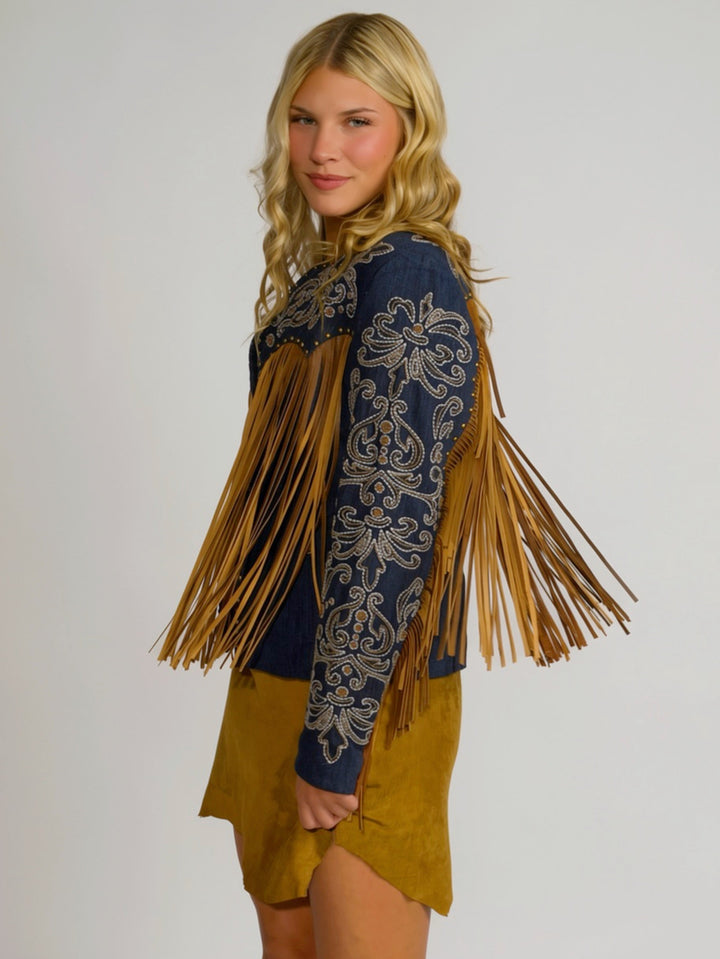 Western Cowgirl Embroidered Leather Fringe Jacket