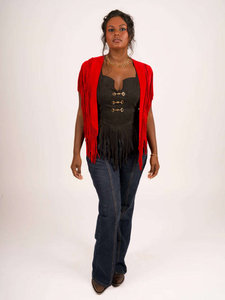 Handcrafted Red Suede Leather Fringe Shoulder Collar