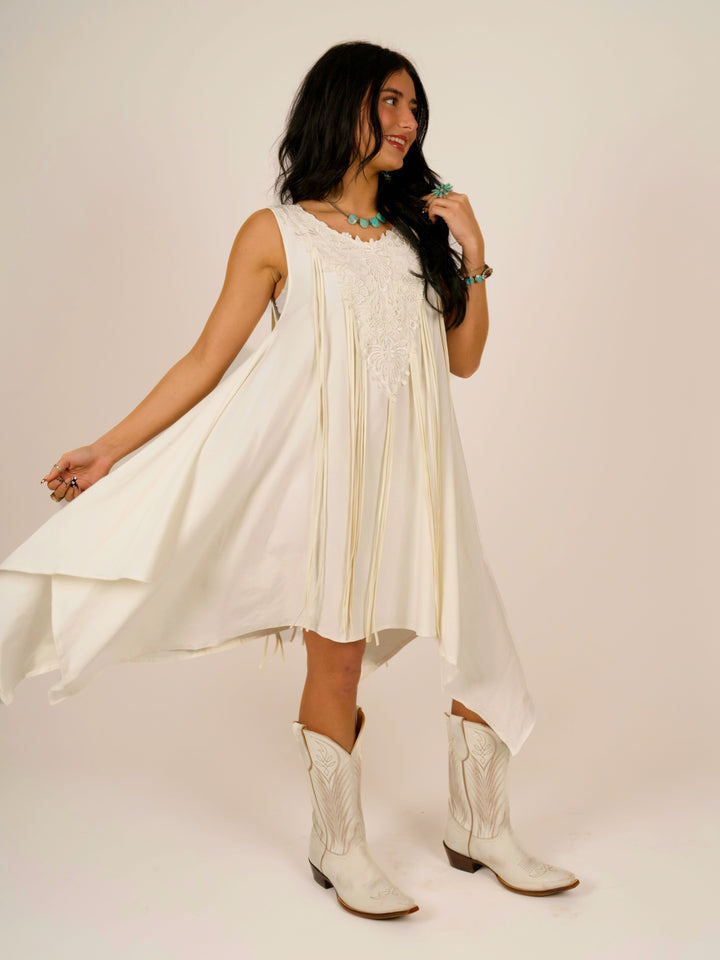 Ivory Shark Bite Sleeveless Designer Dress with Deerskin Fringe & Lace Neckline