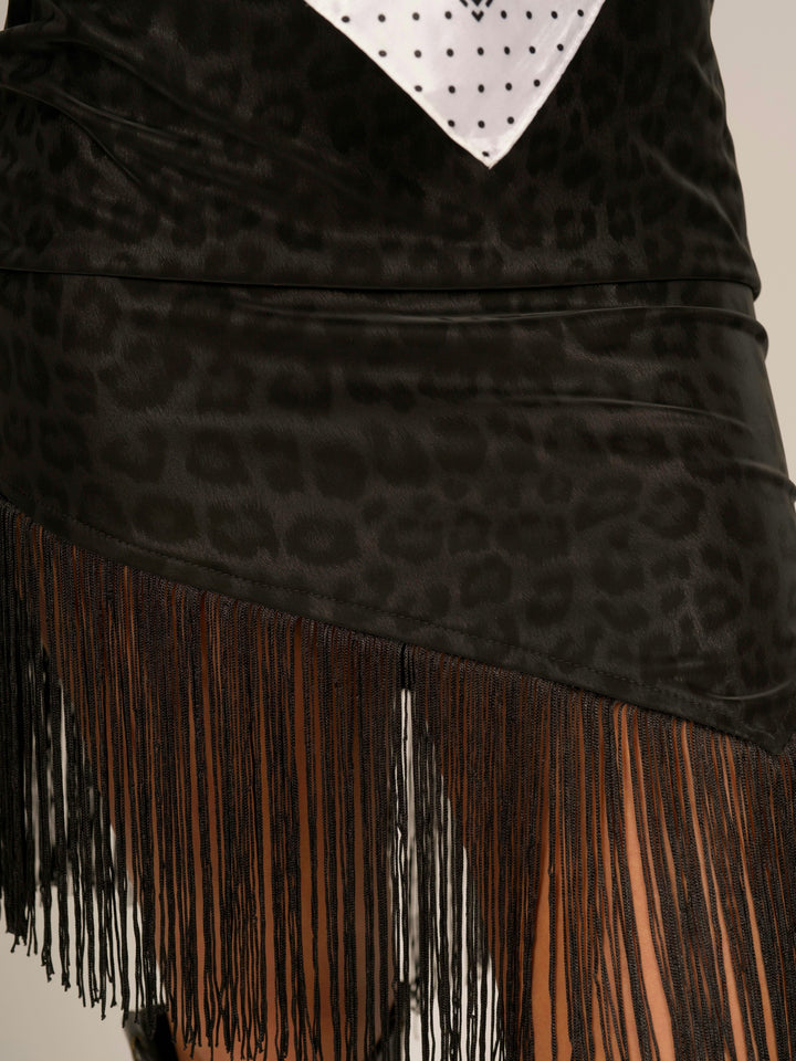 Animal Print Asymmetric Hem Mini Skirt with Fringe