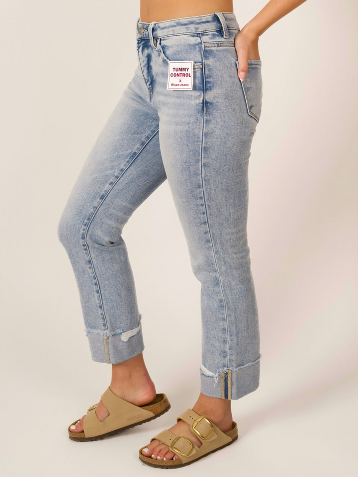 Risen Tummy Control Crop Straight Cuffed Jeans