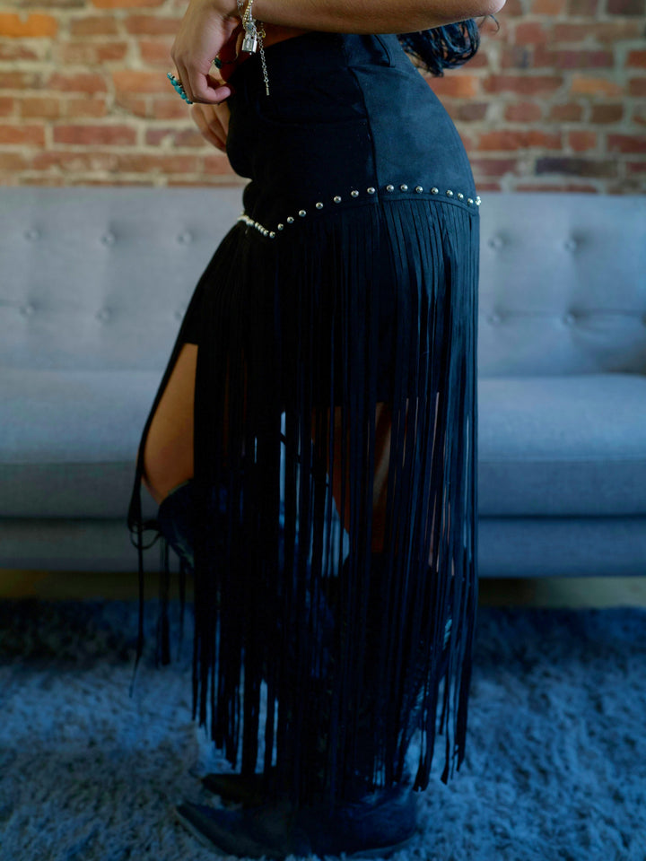 Black Suede Fringe Studded Shorts