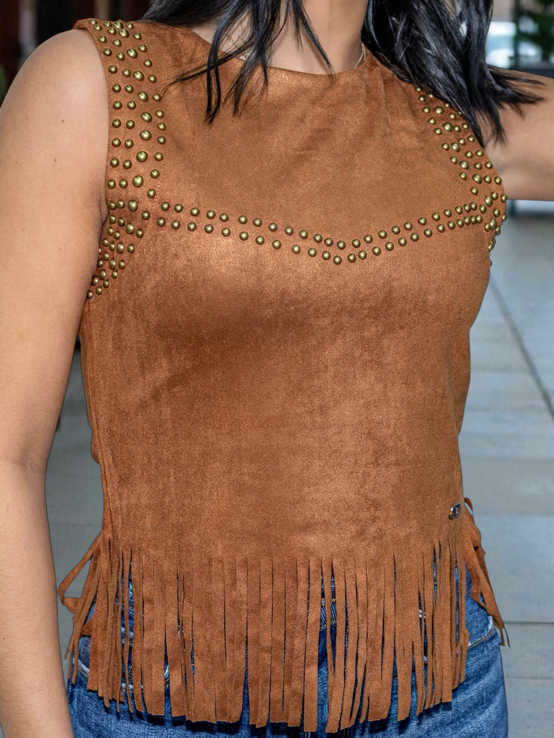 Giddy Up Glam Studded Suede Fringe Tank