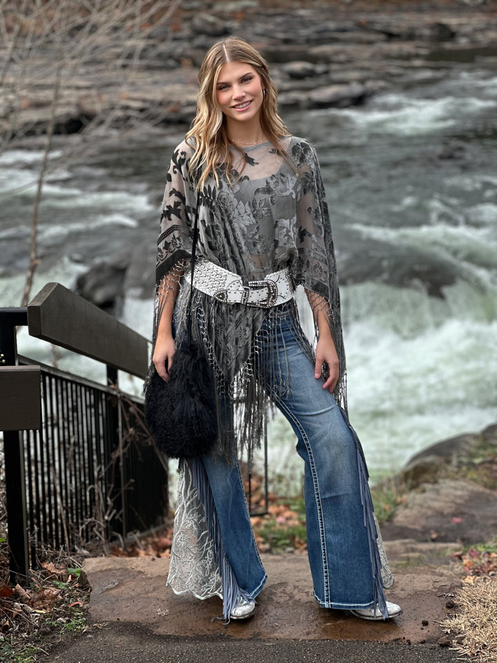 Burnout Velvet Poncho with Fringe