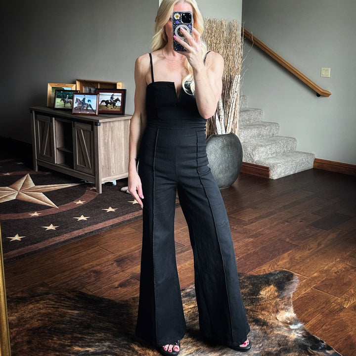 Removable Straps Black Denim Jumpsuit