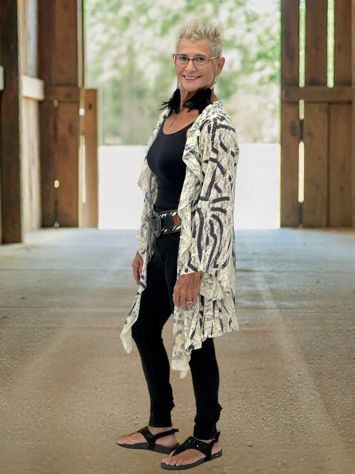 Ivory & Black Stripe Sheer Lace Duster