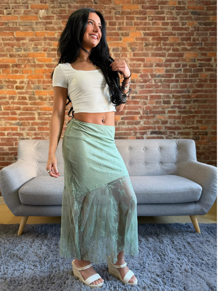 Sage Asymmetrical Lace Slip MIDI Skirt