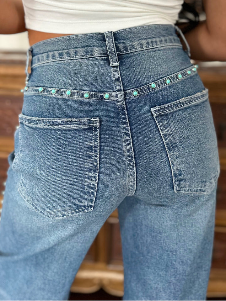 Wide Leg Jeans with Turquoise Gemstone Detail