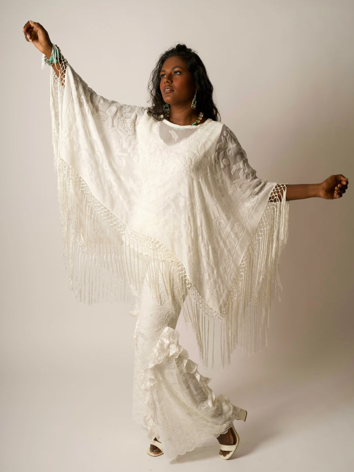 Pat Dahnke Ivory Burnout Fringe Poncho