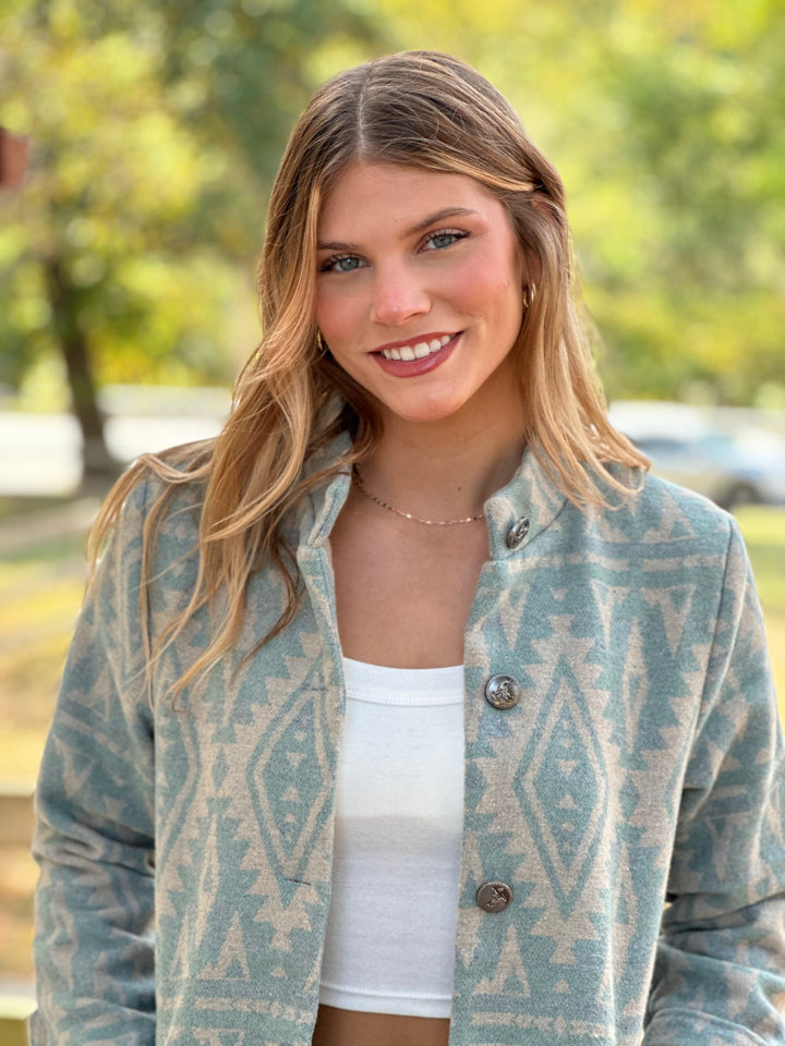 Aztec Print Lined Button Down Coat
