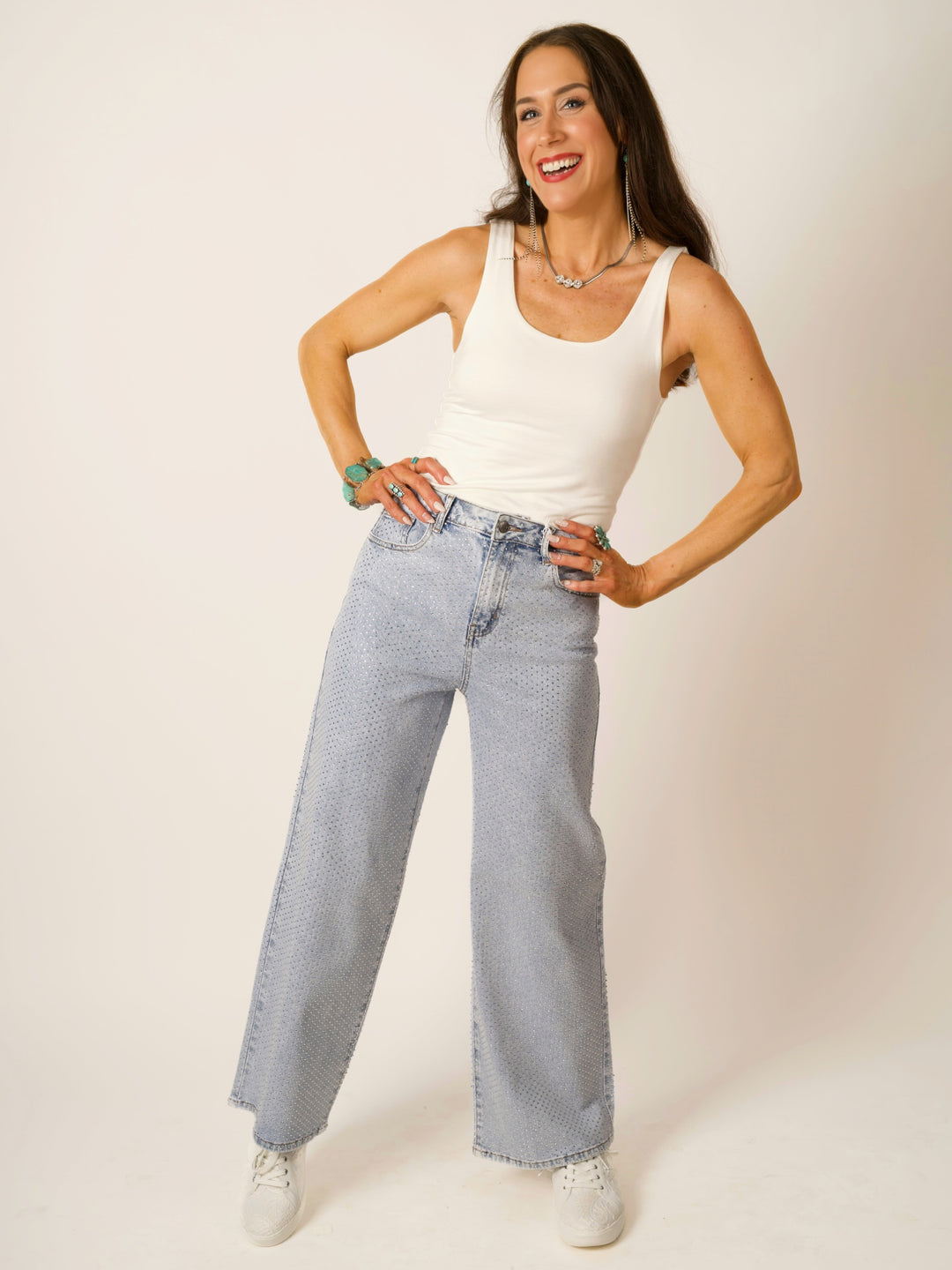 High-Rise Wide-Leg All-Over Rhinestone Jeans