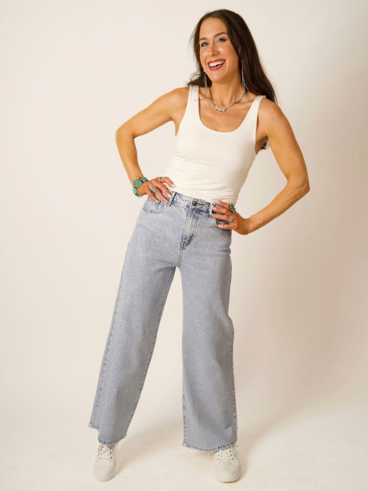 High-Rise Wide-Leg All-Over Rhinestone Jeans
