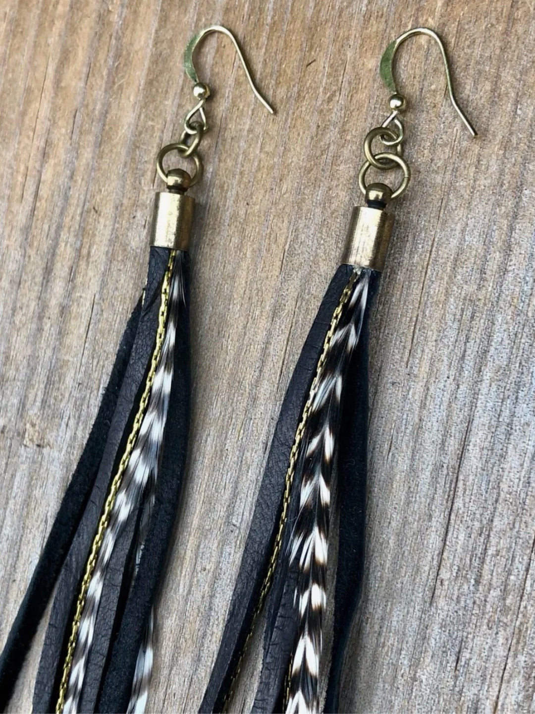 Handcrafted Long Black Leather & Feather Earrings