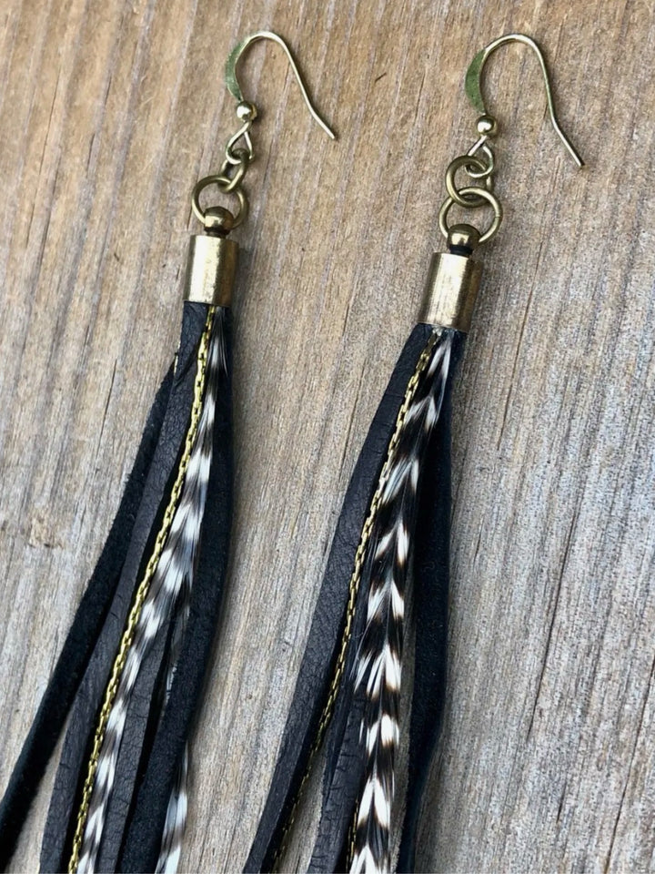 Handcrafted Long Black Leather & Feather Earrings