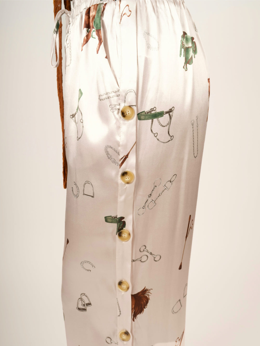 Stretch Satin Equestrian Print Pants with Lace Hem