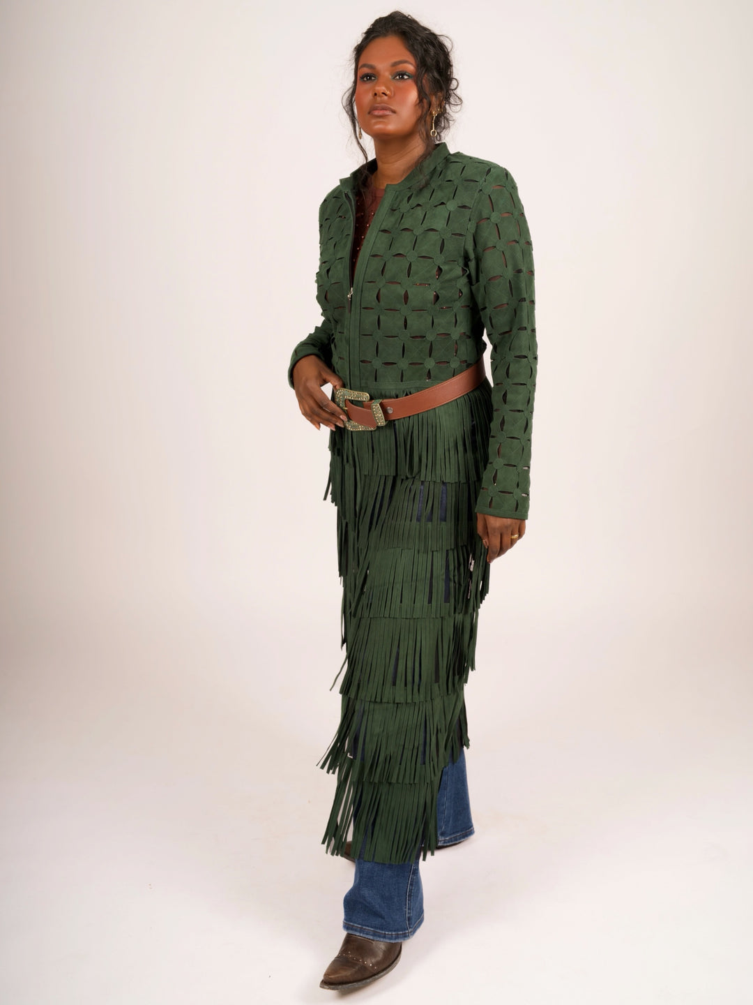 Genuine Suede Leather Laser-Cut Fringe Duster Jacket