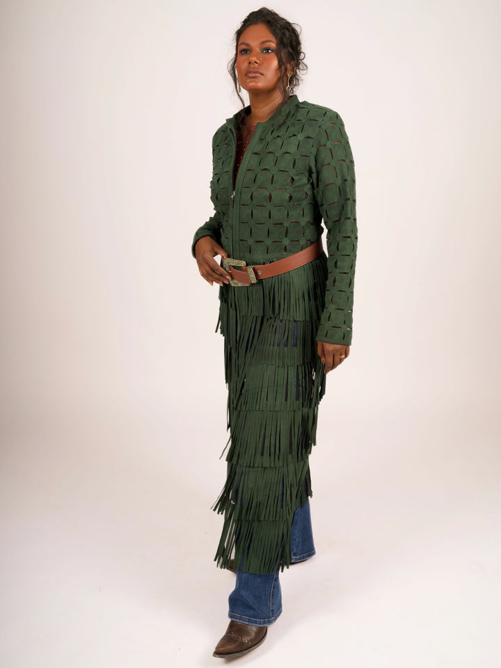 Genuine Suede Leather Laser-Cut Fringe Duster Jacket