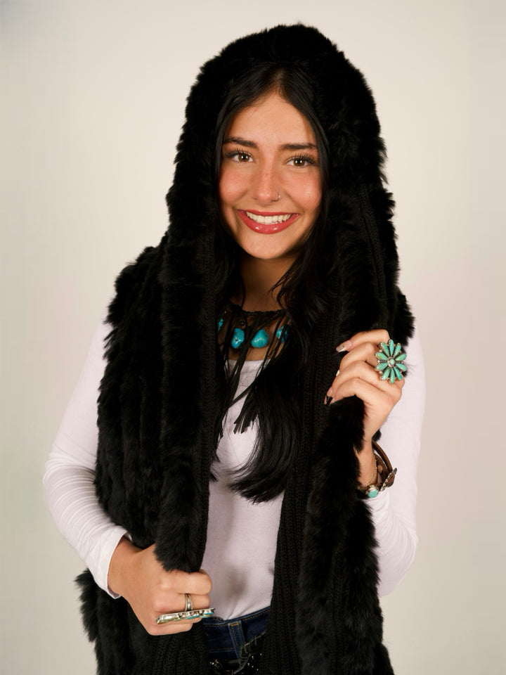Black Rex Rabbit Pocket Shawl Fur Vest