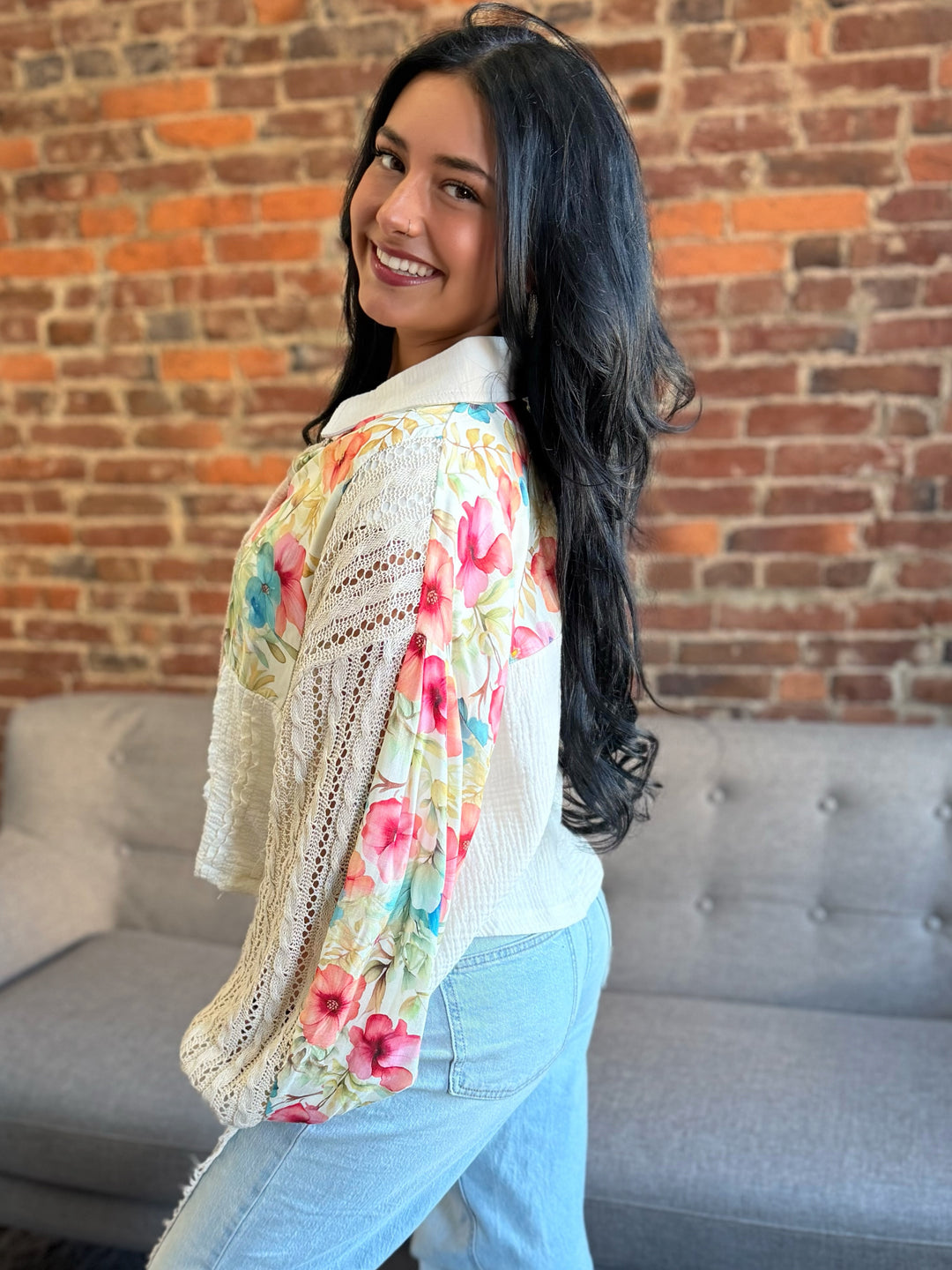 POL Mixed Bloom Floral Crochet Button Up