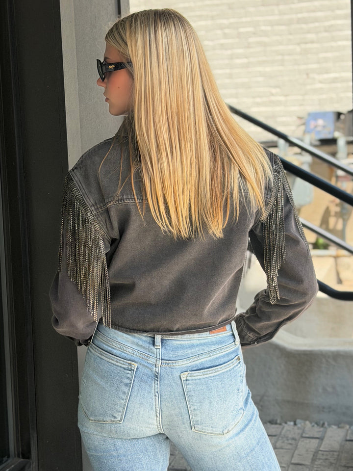 Free Dreaming Rhinestone Fringe Pearl Snap Top