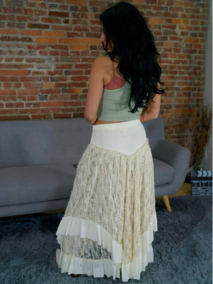 POL Romantic Boho High-Low Lace Skirt with Smocked Waist