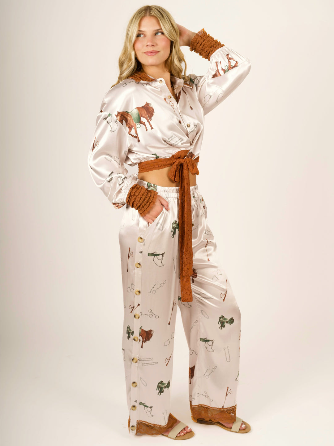 Stretch Satin Equestrian Print Pants with Lace Hem