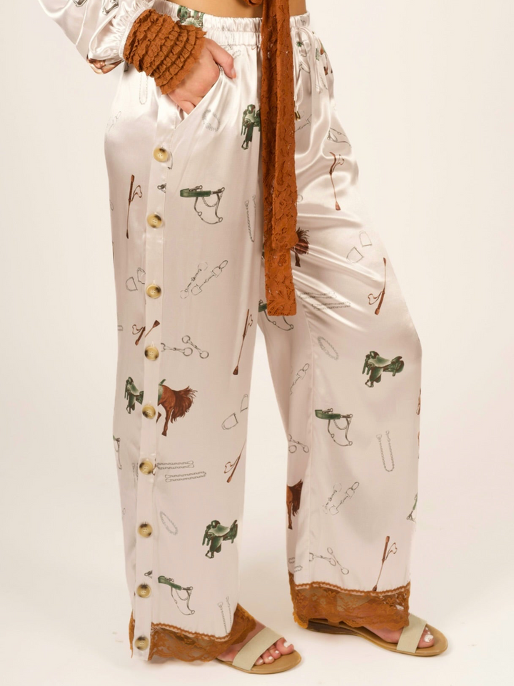 Stretch Satin Equestrian Print Pants with Lace Hem