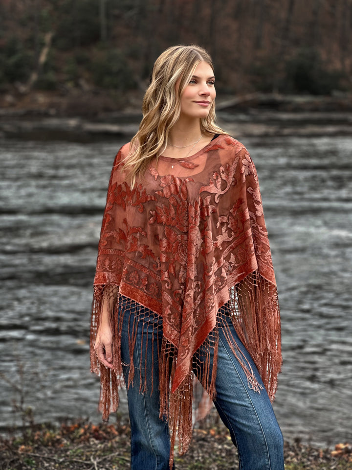 Burnout Velvet Poncho with Fringe