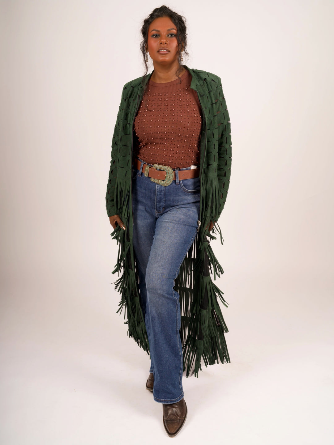 Genuine Suede Leather Laser-Cut Fringe Duster Jacket