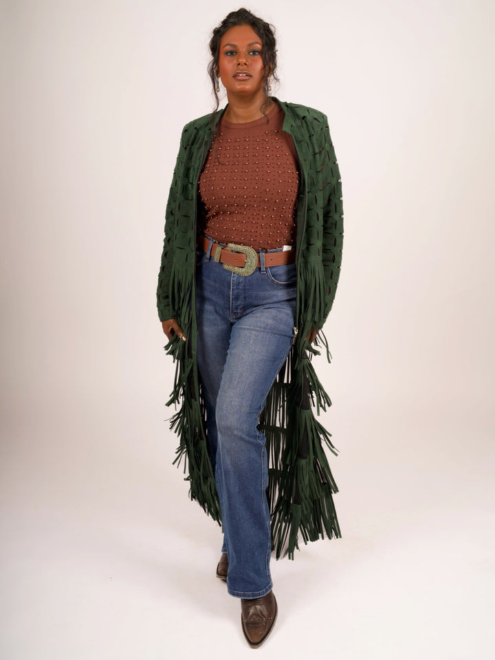 Genuine Suede Leather Laser-Cut Fringe Duster Jacket
