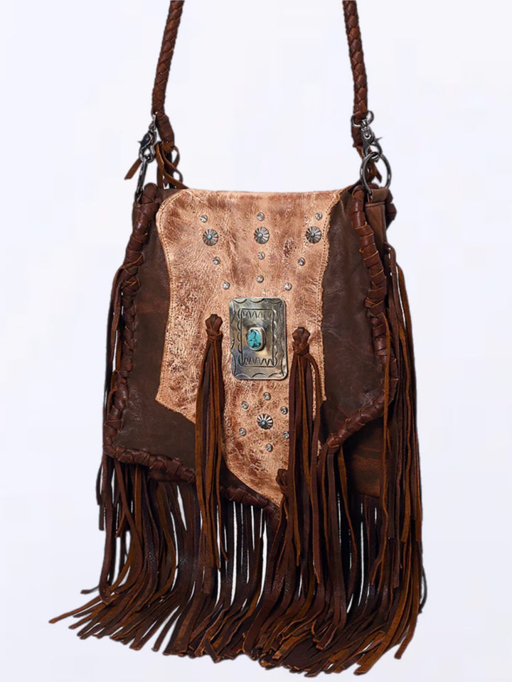Western Concho Leather Fringe Messanger Crossbody Purse