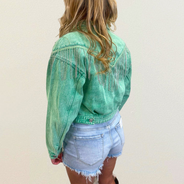 Rhinestone Fringe Denim Jacket - Salt and Grace Boutique