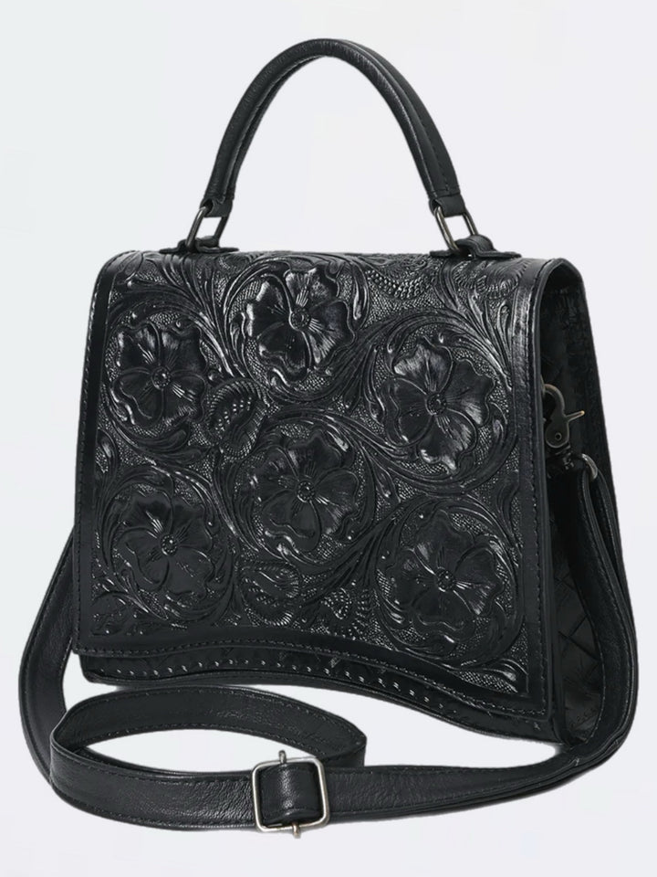 Black Hand Tooled Leather Crossbody Messenger Handbag