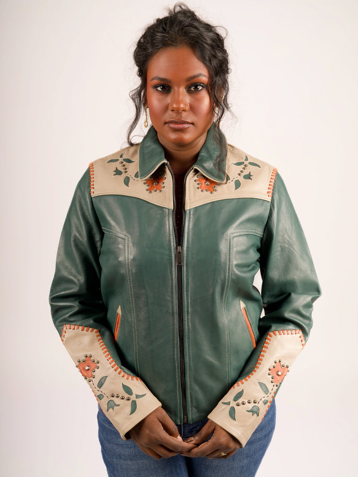 Forest Green Floral Inlay Western Leather Jacket