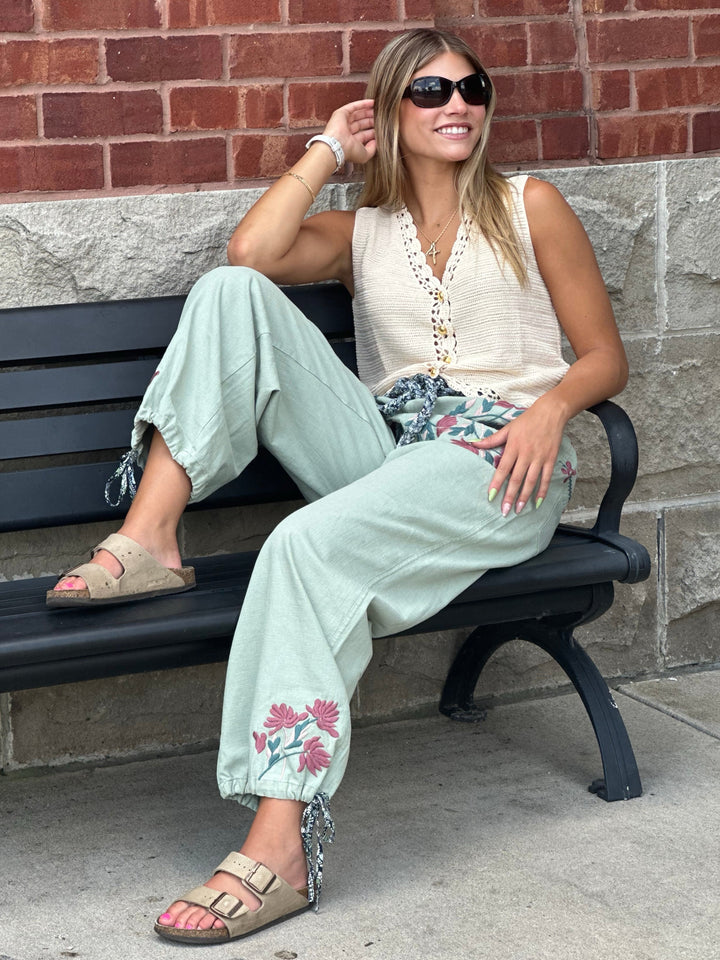 Boho Floral Embroidery Pants