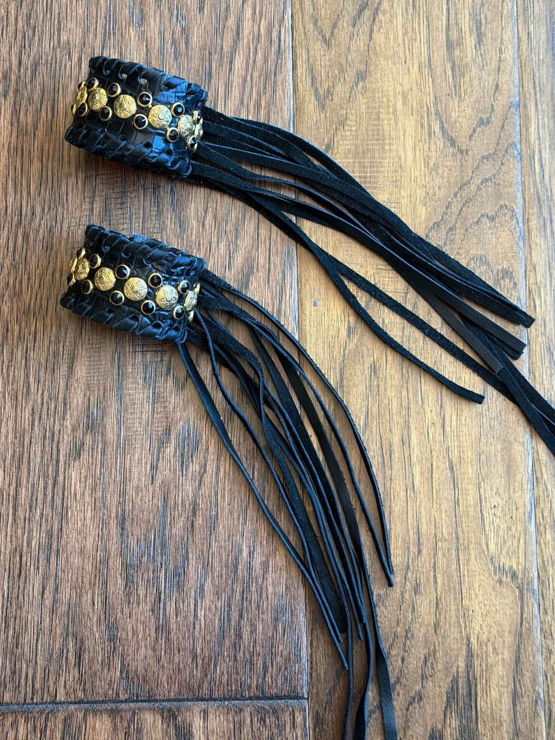 Single Gold Studded Leather Fringe Cuff Bracelet