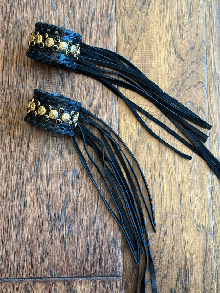 Single Gold Studded Leather Fringe Cuff Bracelet