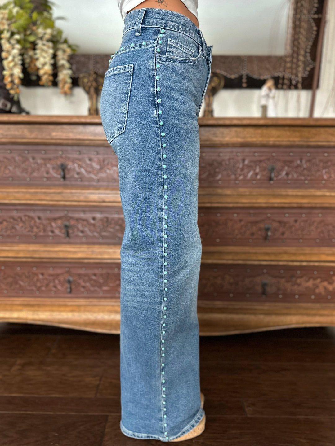 Wide Leg Jeans with Turquoise Gemstone Detail
