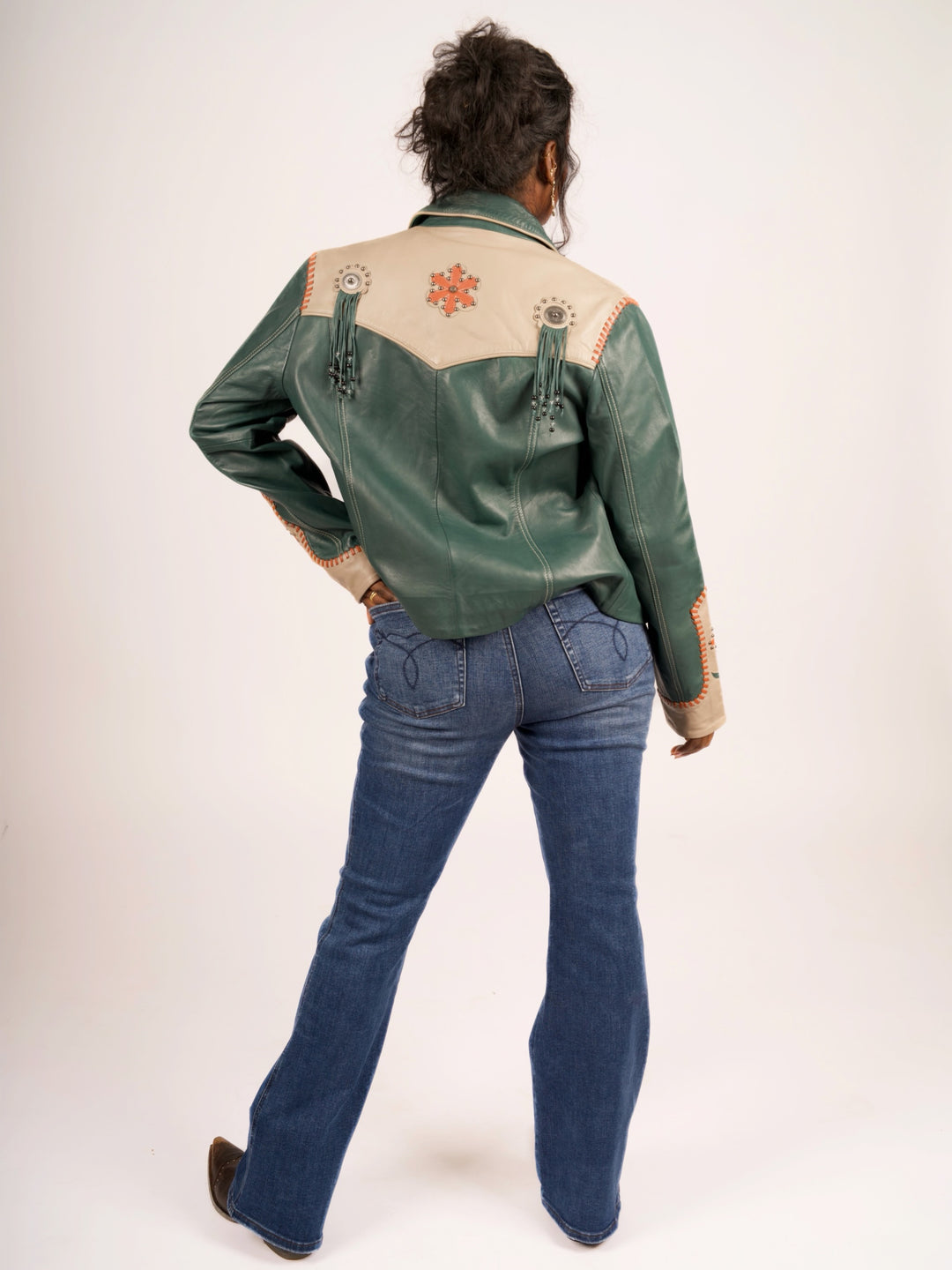 Forest Green Floral Inlay Western Leather Jacket