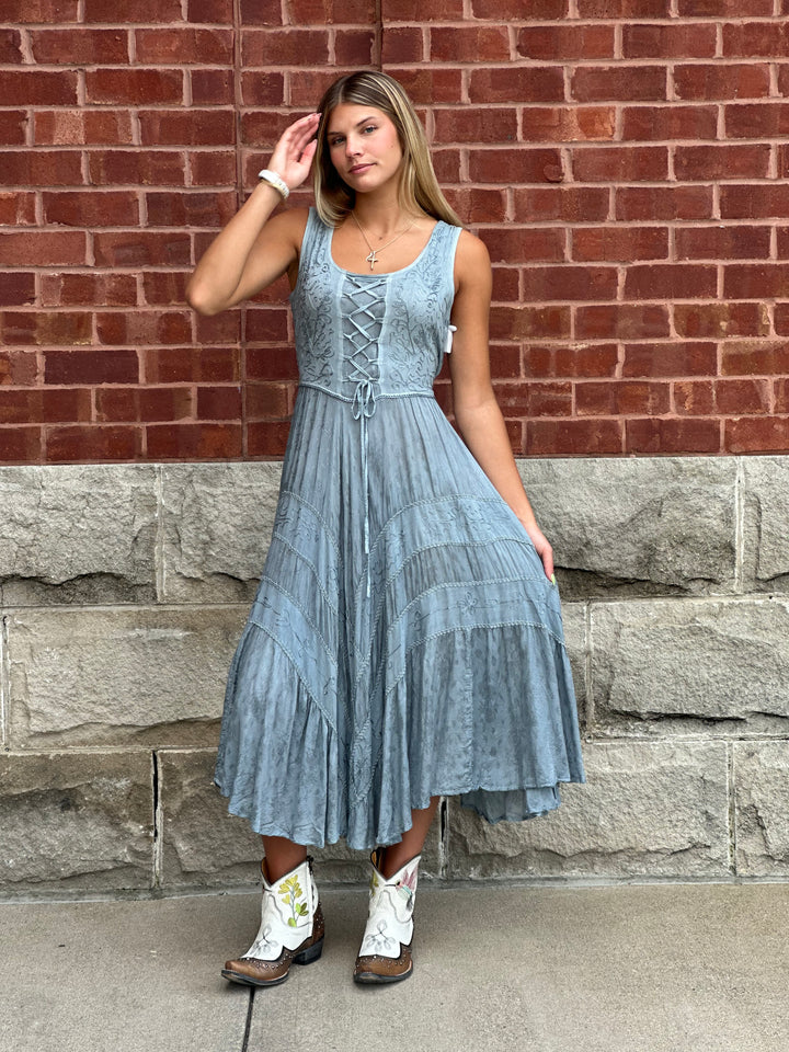Ash Grey Lace Up Front Tiered Midi Dress