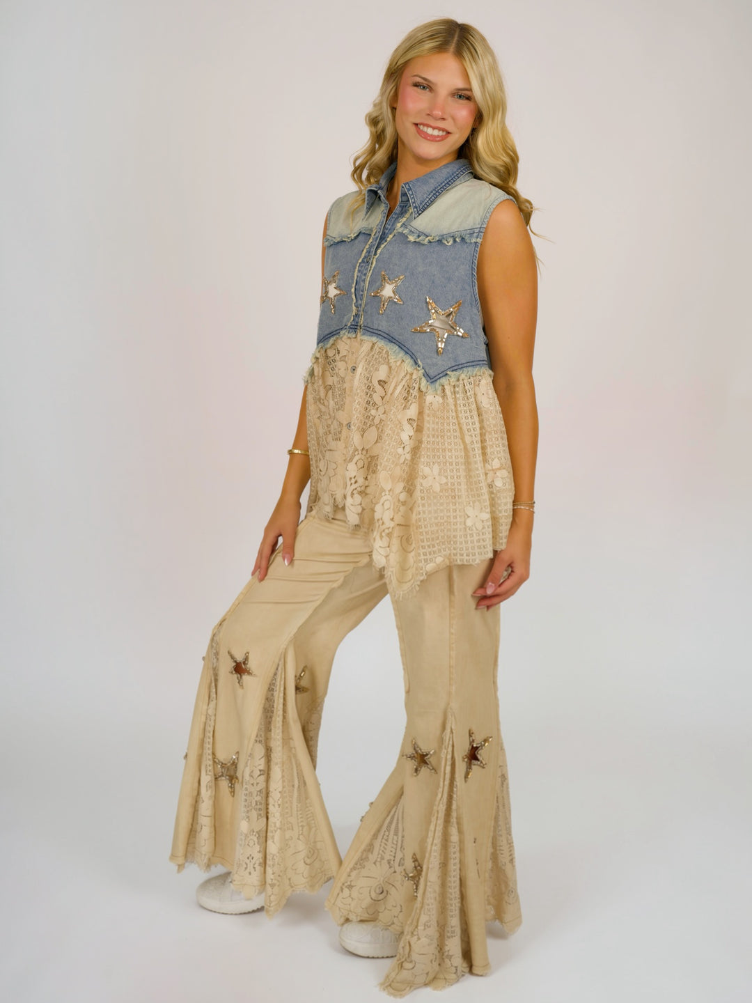 Boho Glam Rhinestone Star Denim and Lace Vest