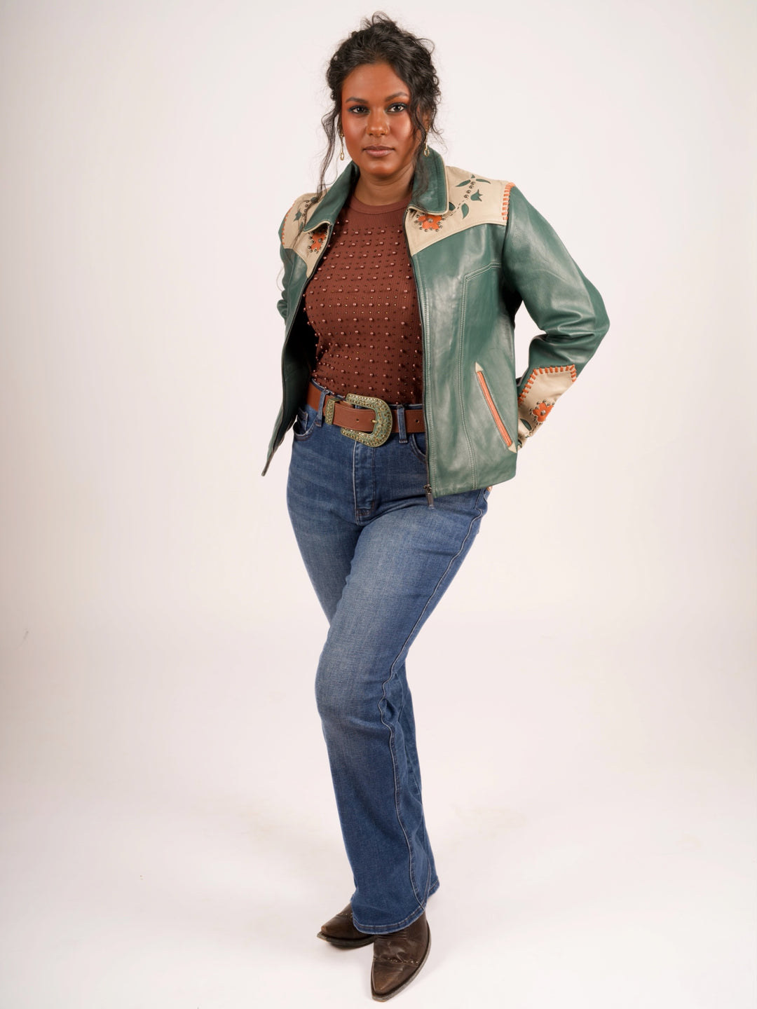 Forest Green Floral Inlay Western Leather Jacket