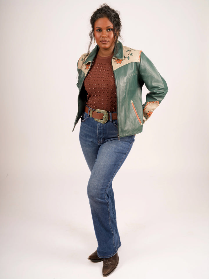 Forest Green Floral Inlay Western Leather Jacket