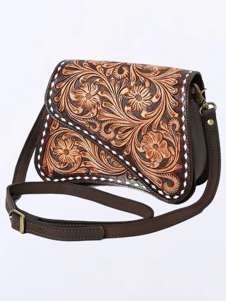 Premium Full-Grain Leather Crossbody Bag with Floral Tooling