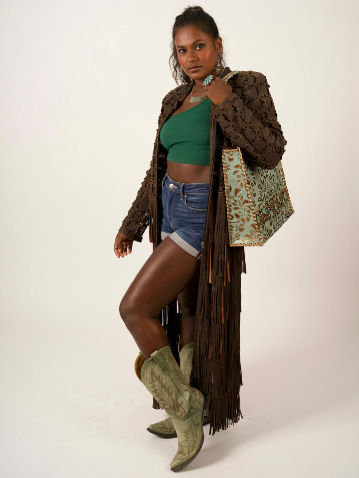 Italian Leather Laser-Cut Fringe Duster Jacket
