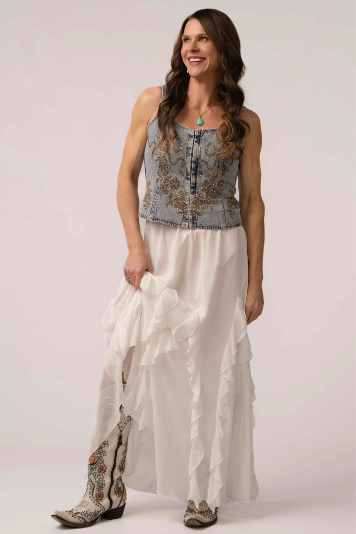 Floral Sequin Stitched Corset Denim Tank