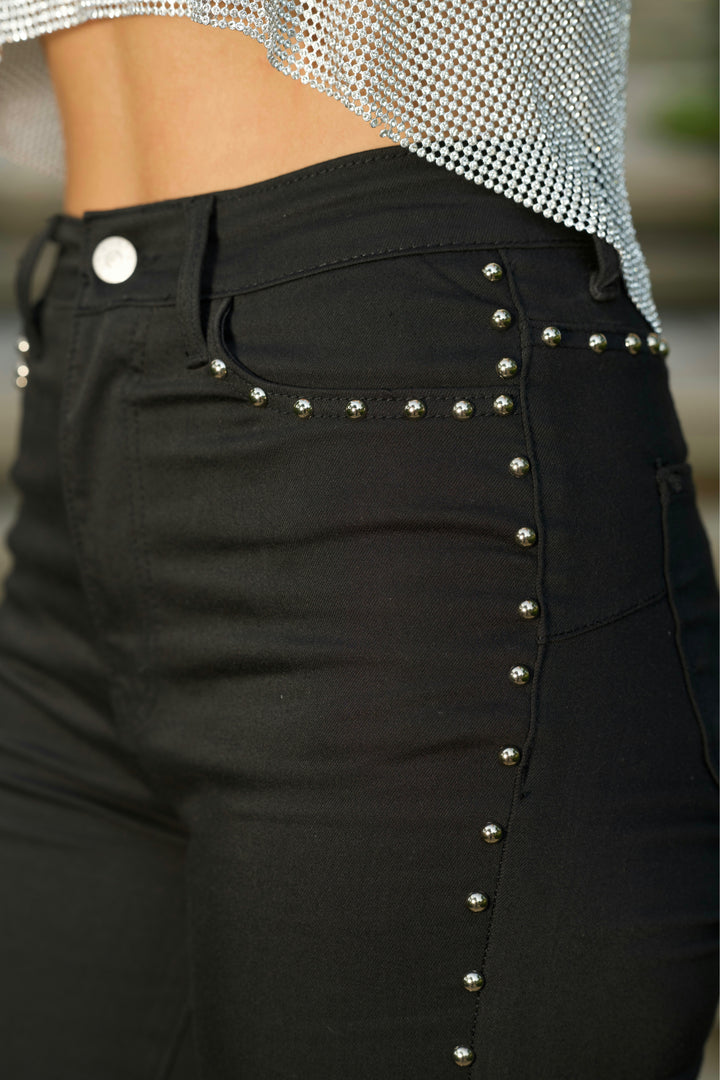 Black High Rise Studded Detail Flare Jeans