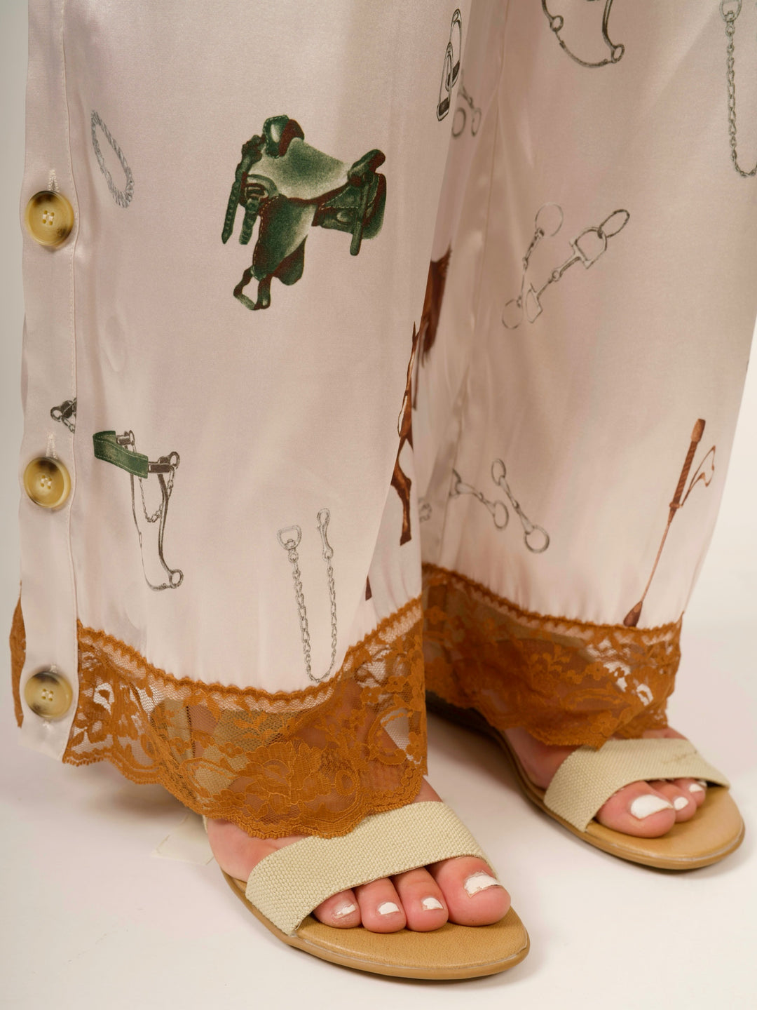 Stretch Satin Equestrian Print Pants with Lace Hem